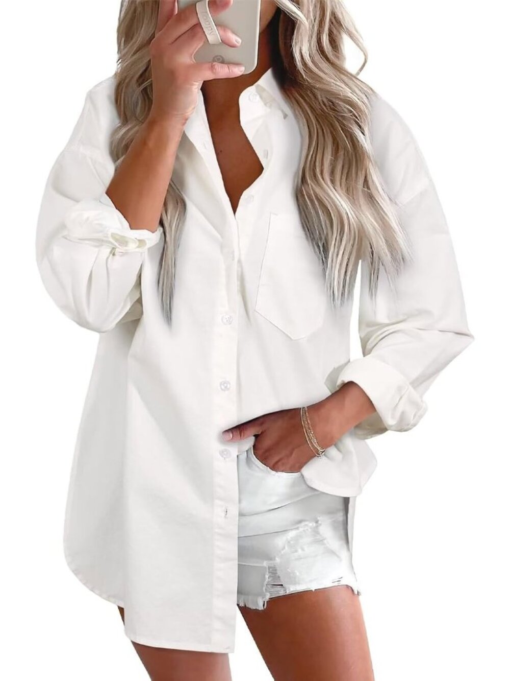 Women's White V Neck Long Sleeve Button Down Casual Jean Top Blouse Shirt